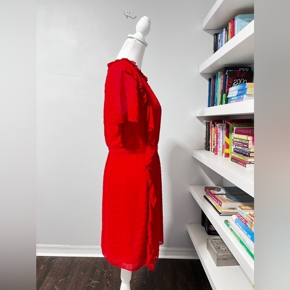 Monique Lhuillier Red Chiffon Ruffle Floral Flutter Sleeve Dress size 10 - Picture 9 of 15